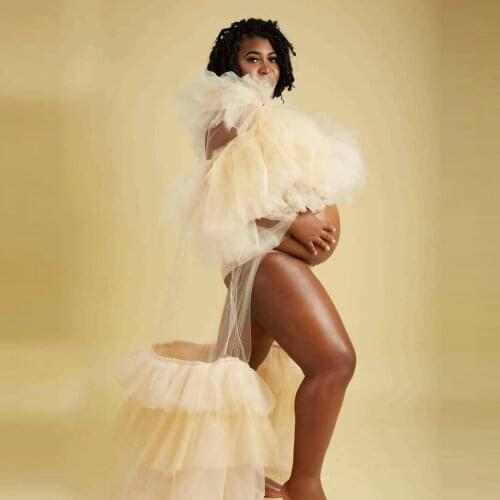 Unique Tulle Maternity Robes Women Sheer Long Maxi Photoshoot Fluffy Tiered Tulle Robe Formal Event Overlay Dress