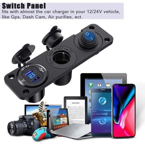 Dual USB Car Charger Socket Panel Cigarette Lighter Socket Splitter Voltmeter Independent Switch 12V-24V Car Boat Truck