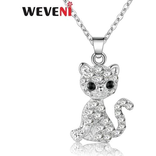 WEVENI Opal Rhinestone Elegant Sitting Kitten Cat Necklace Crystal Alloy Pendant Chain Choker Novelty Jewelry For Women Girls