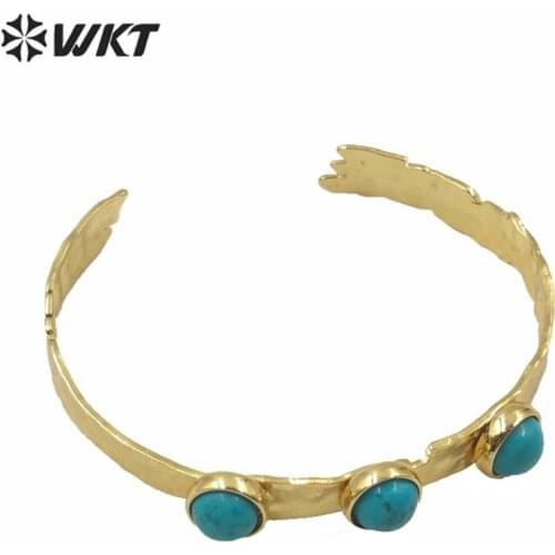 WT-B553 WKT exclusive design triple stone bangle women gold electroplated adjustable triple tur quoise stone cuff bangle