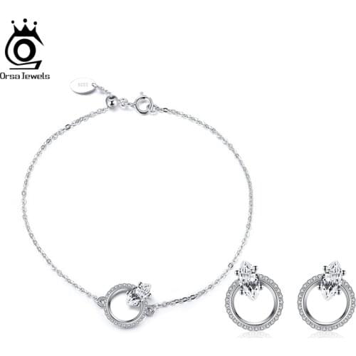 ORSA JEWELS Stylish Female Wedding Genuine 925 Silver Jewelry Set with Solitaire Zircon Stud Earring Neck Chain Bracelet OSS117