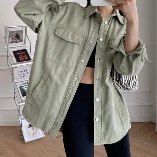 Women Solid Jacket Autumn Turn Down Collar Button Up Coats Casual Long Sleeved Cotton Shirt Coat Loose Pockets Streetwear