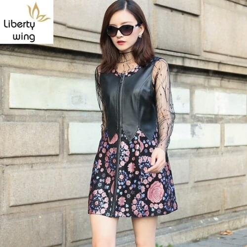 Top Brand Elegant Ladies Party Vintage Floral Printed Dresses Women A Line Mini Dress Genuine Leather Sarafan Wedding Vestidos