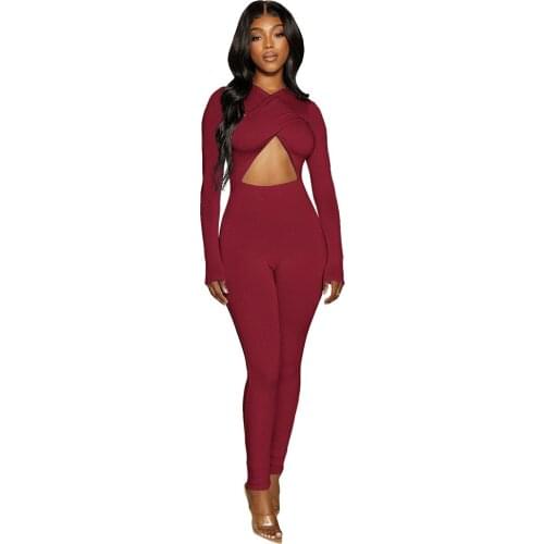 Criss Cross Front Hollow Out Womens Romper Autumn Long Sleeve Night Club Partywear Jumpsuit Casual Bodycon One Piece Overalls