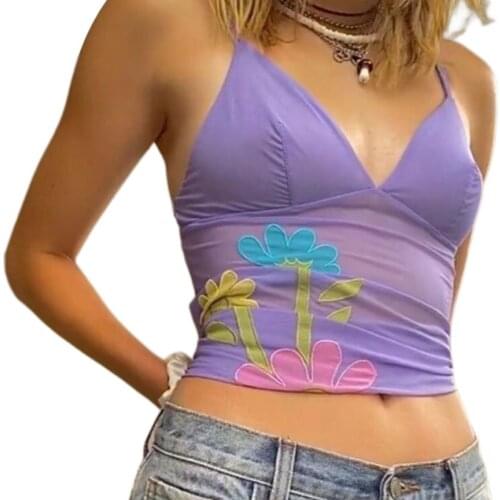 Womens Summer Sexy Crop Cami Tops Sleeveless Spaghetti Strap Deep V Neck Flower Pattern Mesh Camisole