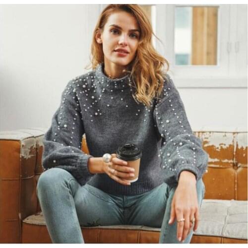 Winter knitted sweater Women Pearl Beading lantern sleeve loose gray pullover female Soft warm autumn casual jumper