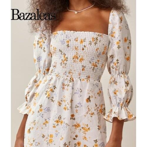 2021 Floral Print Women Square Neck Mini Dress White Flora Dress France Half Sleeve Vestido
