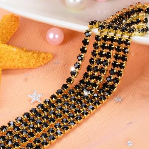 Gold base claw 1m High density ss6 2mm ss8 2.5mm rhinestone cup chain Sew On glue on trim For Wedding Clothing Art Decoration