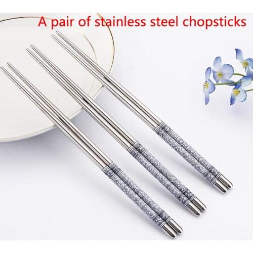 1 Pair Porcelain Stainless Steel Chopsticks Chinese Stylish Healthy Chinese Chopsticks Metal Non-slip Design Kitchen Tool