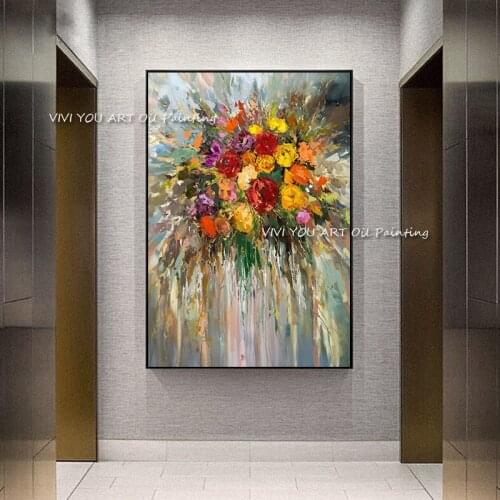 100% Hand painted pink colorful flower oil painting knife canvas handmade modern artist home decoration wall art