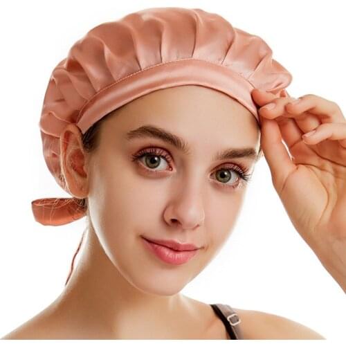 100 Silk sleeping Cap Women Flounced Brand Solid 19Momme Mulberry Silk Night Sleep Cap Elegant Hair Care Accessories Silk Bonnet