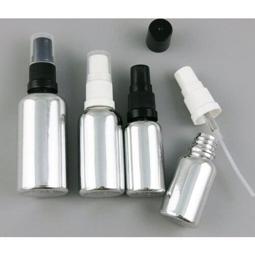 200 x Empty Refillable 100ml 50ml 30ml 20ml 15ml 10ml 5ml Silver Glass Essential Oil Bottle With White Black Fine Mist Sprayer