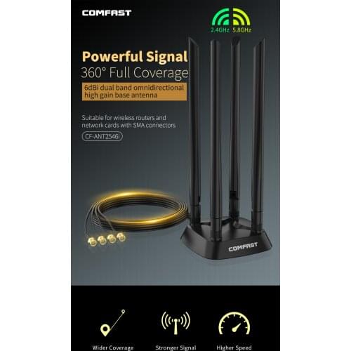 4*6dBi High-Gain SMA Interface Dual-band 2.4+5Ghz Omnidirectional Antenna with 1.2M Extension Base for Wireless Router/Adapter