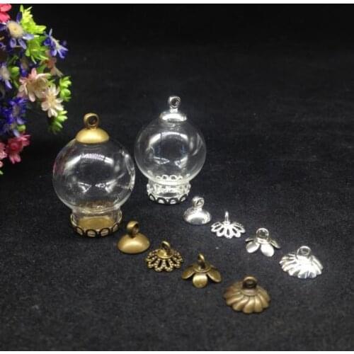 5sets/lot 20*12mm glass vial globe necklace pendant with lace base 8mm cap glass globe cover bubble glass bottle ball cover gift