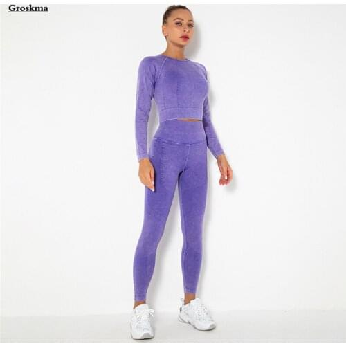 Seamless Yoga Two Piece Set Women Washed Long Sleeve Crop Tops+High Waist Pants Fitness Gym Suits Sports Running Leggings