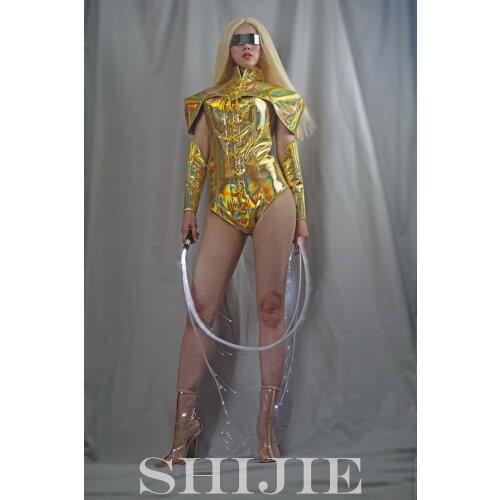 Sexy catwalk model women men Gold armor stage show costume gold bodysuit shoulderwear singer dance laser costumes