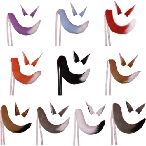H9ED Long Fur Headbands Furry Animal Ears Headwear Tail Set Kawaii Hair Hoop for Halloween Cosplay Headpiece Party Supplies