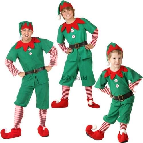 Mens Boys Children Kids Christmas Costumes Suit Xmas Gift Elf Tops Pants Uniform Parent-child Outfit Cosplay Costumes Full Set