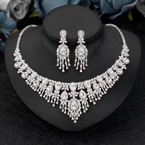 Trendy Luxury 2 PCS Women Jewelry Set For Wedding Party Cubic Zirconia Beautiful Bridal Necklace Earrings Jewelry Accessories
