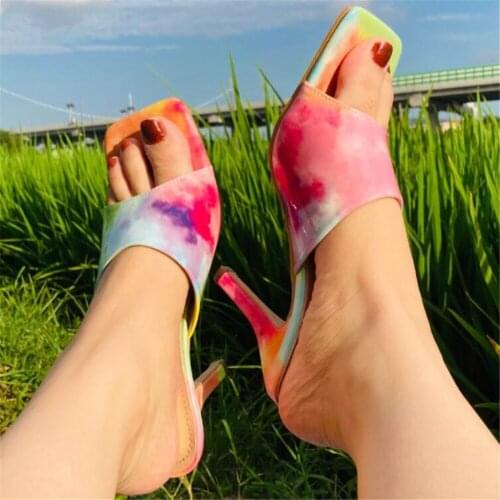 2021 New Sexy Slippers Women Mules Summer Leather Shoes Fashion Square Toe High Heel Female Rainbow Colors Sandals BigSize 35-42