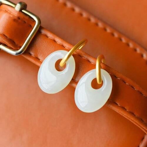 "Jade Ring" Natural Hetian Jade Safety Buckle Earrings Post-Modern French Style Earrings Sterling Silver Anti-Allergy Women