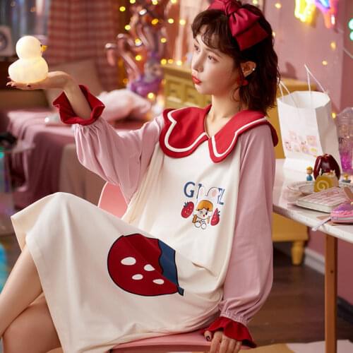 Nightdress Womens Summer Pure Cotton Long Over-the-knee Pajamas Can Be Worn Outside The Home Service Summer Long-sleeved Pyjama