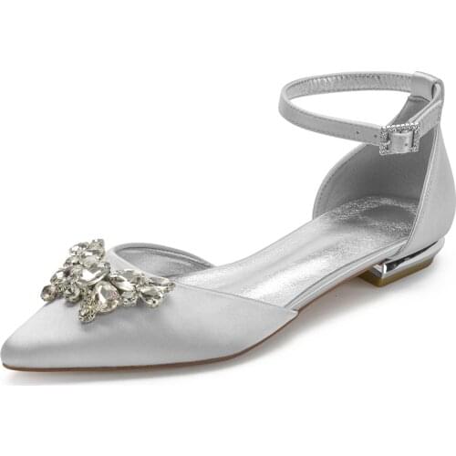 MarHermoso Womens Satin Ankle Strap Crystal Decoration Pointed Toe Bridal Wedding Low-heeled
