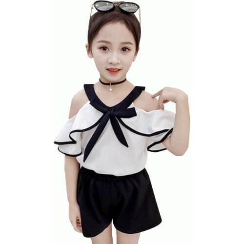 Clothes For Girls Ruffle Shirt + Shorts 2PCS Suit For Girls Fashion Off Shoulder Party Girls Clothes Summer Elegant Kids Clothes