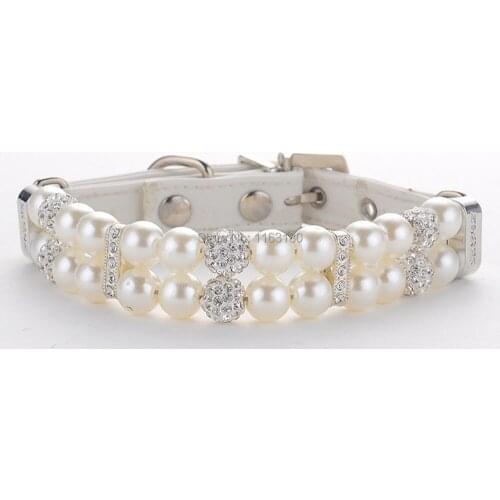 12pcs/lot Pet Dog Cat Collars Bling Rhinestones Leather Necklace Pearl Studded Collar for Puppy Dog Accessories