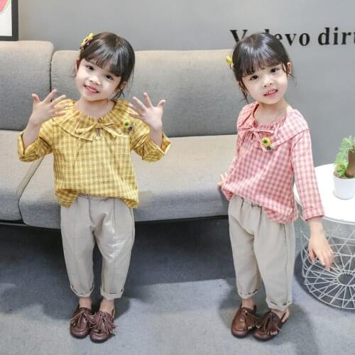 1-5 Age girls clothes Spring Autumn two-piece big lapel striped plaid sweatshirt coat + pants fashionable quality child clothing