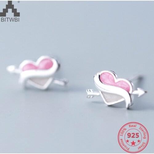 Delicate Japan Korea Style 925 Sterling Silver Fashion Cute Sweet Pink Heart Cupids Arrow of Love Stud Earring Women Jewelry