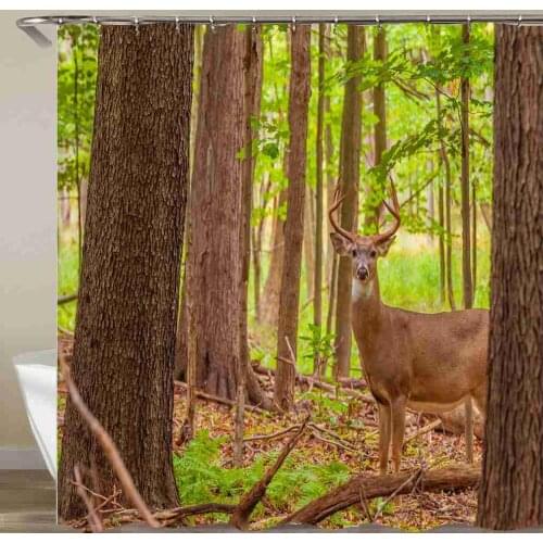 Forest Deer Shower Curtain Snow And Animals Bathroom Curtain Waterproof Fabric With Hook 72x72 Inch