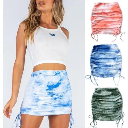 Mini Skirt 2021 Womens Wear Elastic Pleated Knitted Skirt Pitted Side Drawstring Sexy Tie-Dye Hip Skirt Shirring Skirt