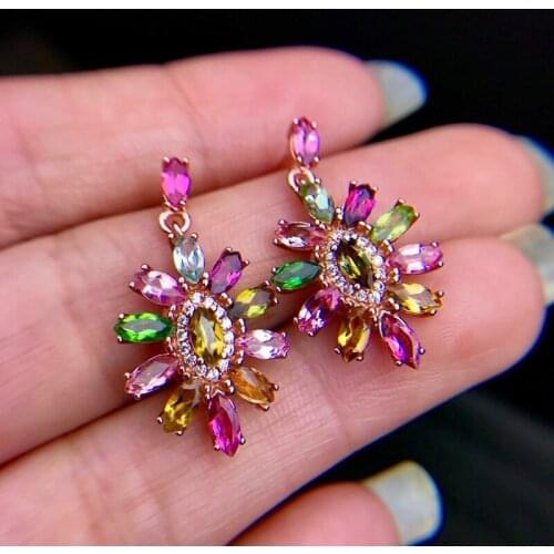 Attractive Colorful Tourmaline Stud Earrings for Women Silver Ornament Natural Gem Real 925 Sterling Silver Birthday Party Gift