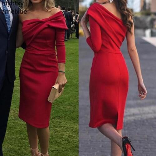 Red Length Prom Dress One Shoulder Short Paragraph Long Sleeves Slit Women Formal Cocktail Gown Simple Short Girl Plus Size Prom