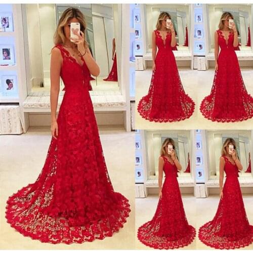 Women Dress Deep V-neck Sleeveless Floral Lace Hollow Out Long Maxi Evening Formal Party Ball Gown Red Elegant Ladies Clothing