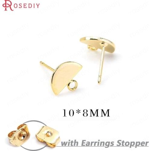 10PCS 10*8MM 24K Gold Color Brass with Hanging Hole Half Round Shape Stud Earrings Pins High Quality Diy Jewelry Findings