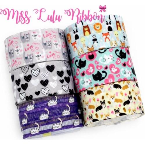 16mm-75mm Animal Series Cute Cat Dogs Printed Grosgrain/Foe Ribbon Hair Bow Making 50yards/roll Sweet Heart Galaxy