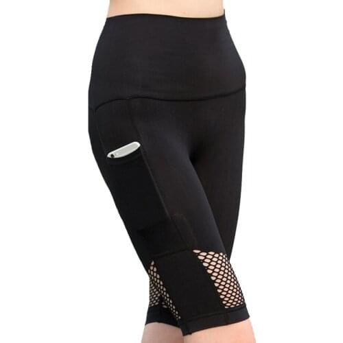 CKAHSBI Yoga Pants Knee Length Gray Mesh Capri Pockets Sport Leggings Women Pants Fitness Legging Yoga Gym Elastic High Waist