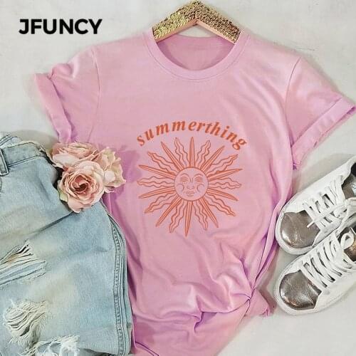 JFUNCY Sun Print Casual Woman Cotton T-shirt Plus Size Women Tops Summer Female Tee Shirt Oversize Short Sleeve Lady Tshirt