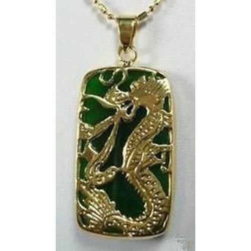Beautiful 14k GP green jade dragon pendent Necklace