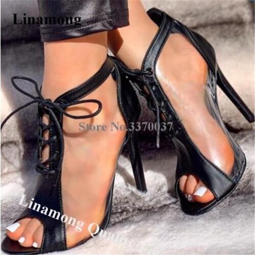 Linamong Fashion Peep Toe PVC Patchwork Stiletto Heel Short Gladiator Boots Lace-up Transparent High Heels Ankle Booties