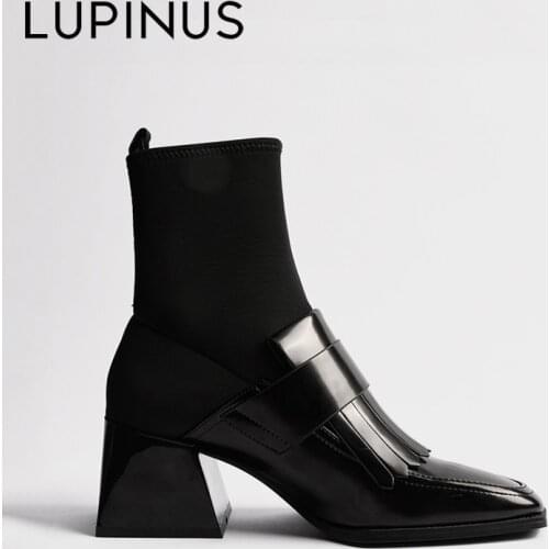 LUPINUS Womens Boots New Style Square Toe Soft Socks Thick Heel Martin Boots High Heels Short Boots British Style Thin Boots
