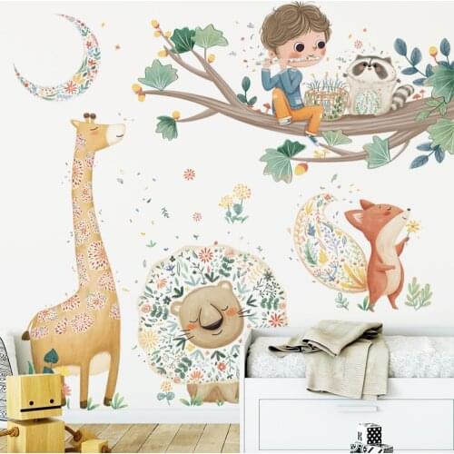 Cartoon Flute Boy Wall Stickers for Kids rooms Bedroom Cute Lion Giraffe Fox Listener Wall Sticker Home Decor PVC Anime Posters