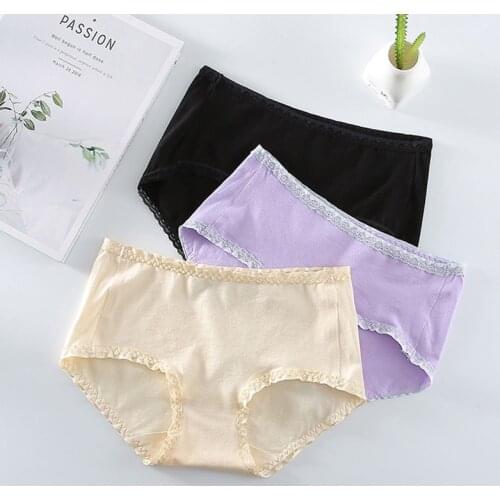 Pure Cotton Underwear Panties For Women Sexy Lace Underpanties Mid Waist Girls Briefs Seamless Soft Cotton Lingerie Panties -L