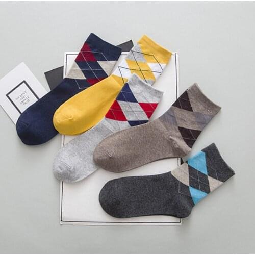 5pairs/lot Fashion Cotton Mens Socks Plaid Long Crew Socks Man Business Casual Happy Socks Calcetines Hombre Autumn Winter