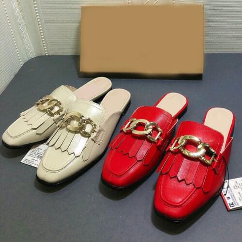 LMCAVASUN New Za Same Flat Womens Shoes Metal Chain Decoration British style Mules Shoes For women Casual Fringe Half Lofers