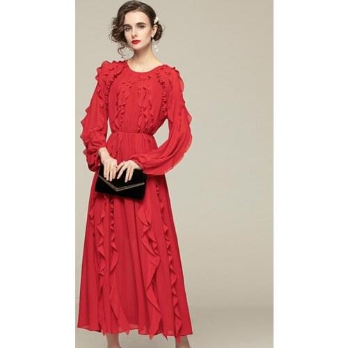New Women Dress Summer 2021 Elegant Fashion O-Neck Long Sleeve Elastic Waist Patchwork Ruffles Chiffon Dress Banquet Dress
