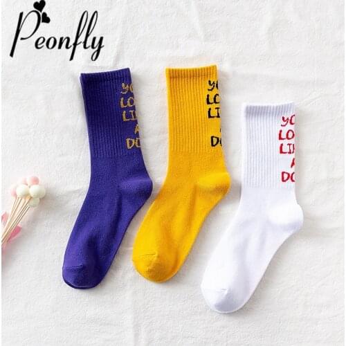 PEONFLY fashion funny Solid Color Letter white yellow purple Women casual Socks novelty Personality Street Skate Socks