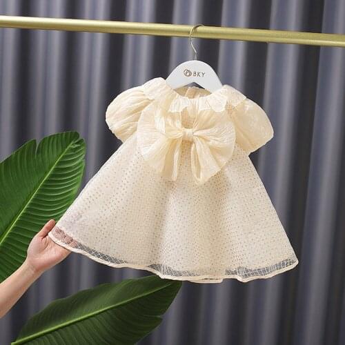 Sweet Summer Girls Kids Princess Dress Lolita Yellow Children Baby Infants Puff Short Sleeve Bow A-line Dresses Vestidos S12141